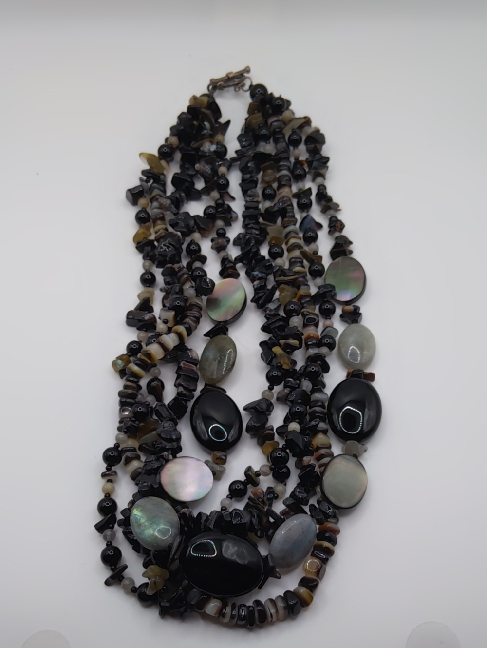 Lucas Lameth 925 Moonstone, Shell, and Onyx Multistrand Necklace
